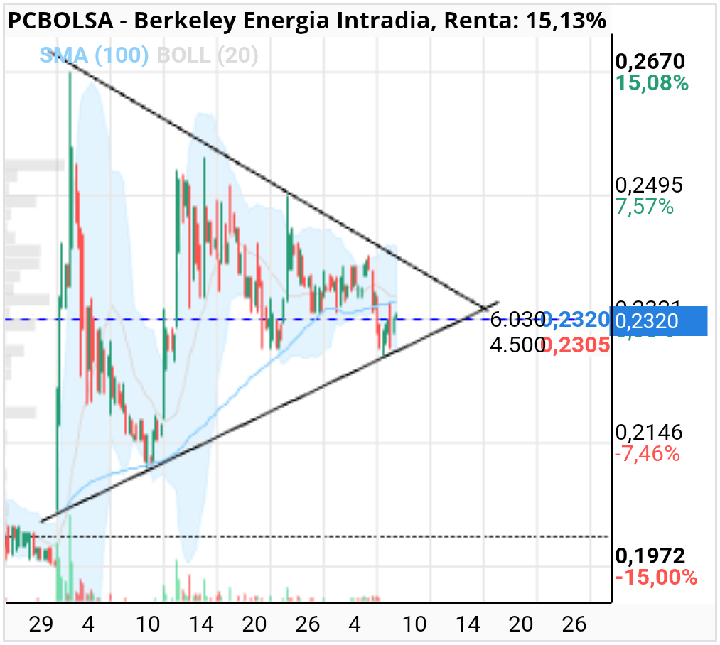 Berkeley Energia - Paciencia. Puede subir hasta 0.2390 luego bajar a 0 23 pero semana q viene en principio decide a ver. Esta por caer noticia del arbitraje